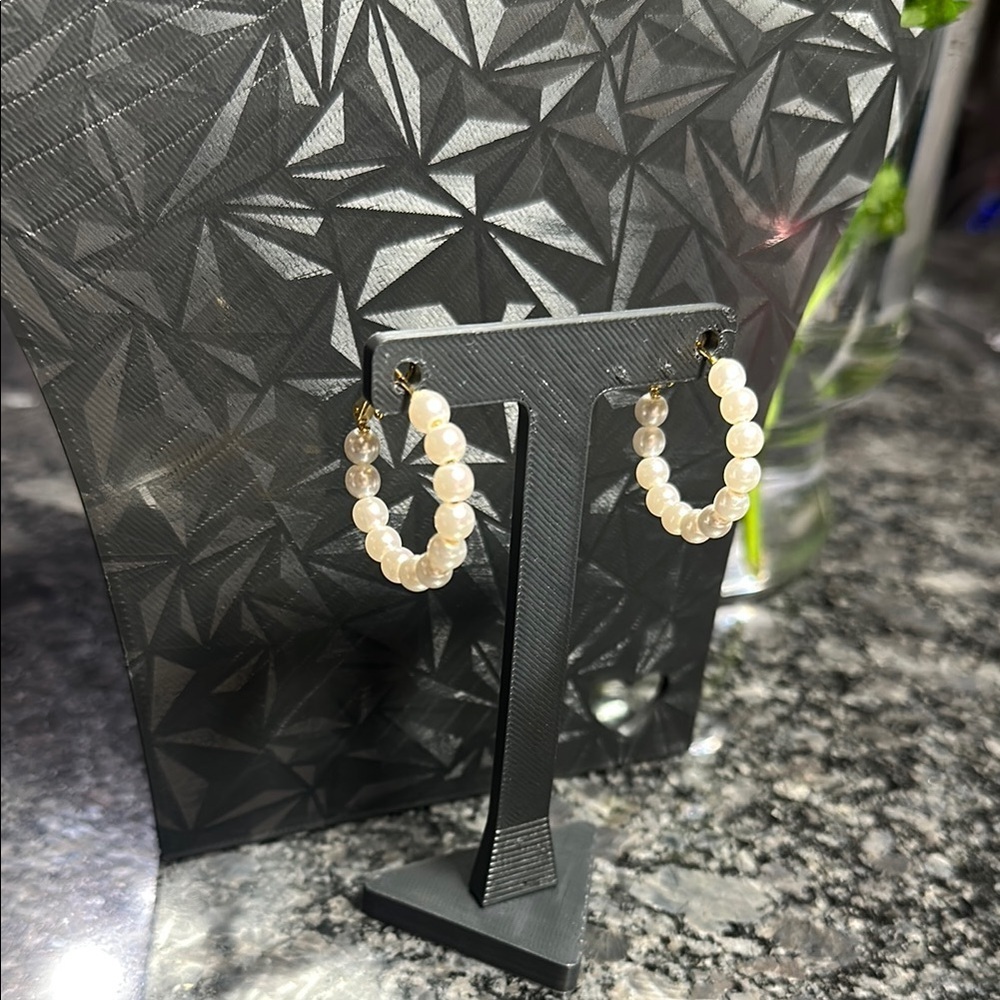 Faux Pearl Hoop Earrings Cream Pearl Gold Tone Hardware